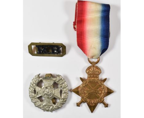 British Army WW1 medal 1914/1915 Star named to 1217 A F Hibberd, his cap, shoulder badge and some family related silk postcar