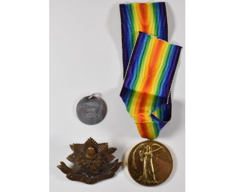 British Army WW1 Victory Medal named to Lieutenant K R Patton, 10th Cheshires, with his cap badge, identity disc, photographs