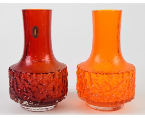 Two Geoffrey Baxter for Whitefriars Textured Bark Mallet glass vases in tangerine orange and and ruby red, one with original 