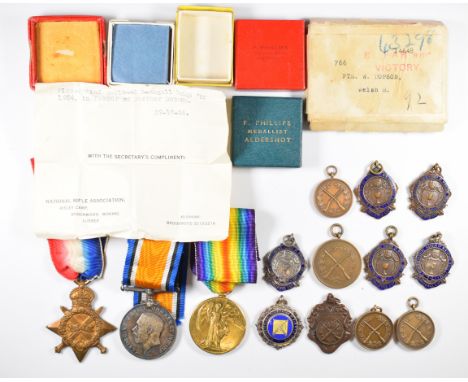 WW1 British Army medal trio named to 766 Pte W Dopson, Welsh Horse with box of issue, together with eleven shooting medals fo