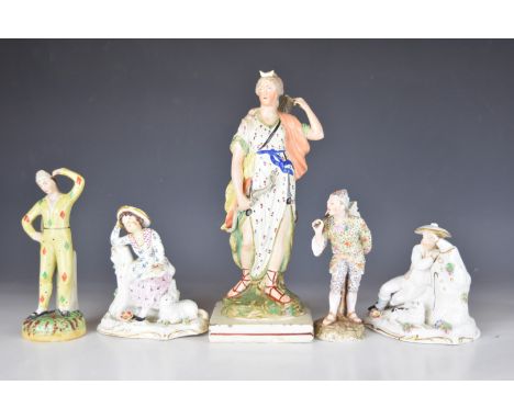 Collection of 19thC English and continental figures including Staffordshire jester, pearlware figure etc, tallest 30cm