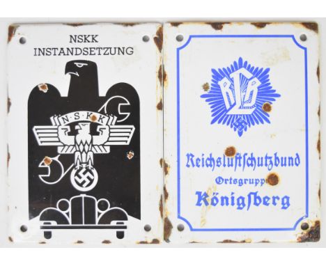 Two German Nazi enamel signs RLB Reichsluftschutzbund Ortsgrupp Konigsberg and NSKK Instandsetzung, each 17 x 12cm&nbsp;