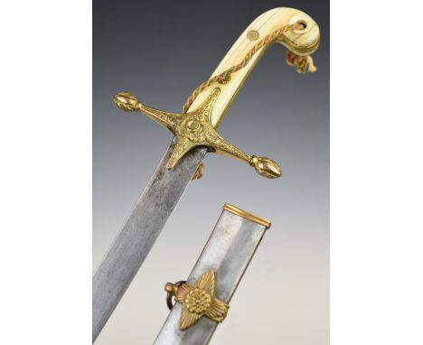 British Cavalry 1850 pattern&nbsp;officer's sword with bone or similar grips, 78cm etched curved blade and scabbard.&nbsp;PLE