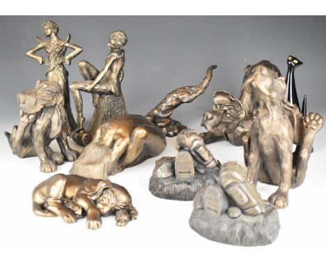 Collection of figures of dogs, nudes, Cmielow cat, most by Frith and Collectible World Studios, tallest 20cm