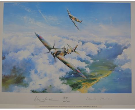 Royal Air Force interest Robert Taylor print 'Spitfire' first edition signed by Douglas Bader and Johnnie Johnson, 51 x 61cm