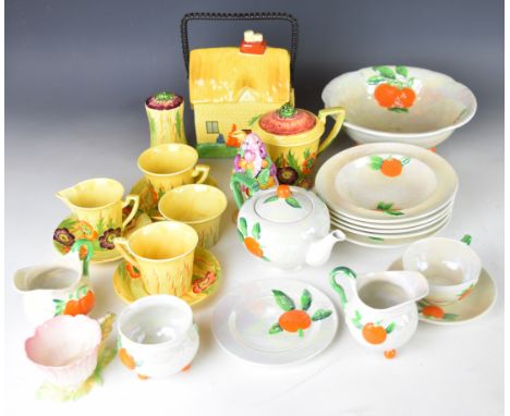 Two Carltonware Art Deco part tea sets, biscuit barrel, dessert set decorated in the oranges pattern, tallest 28cm, and two s