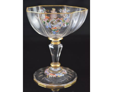 Lobmeyr 19thC wine glass of lobed form with figural enamelled decoration of a young woman with fan wearing a bonnet and lifti