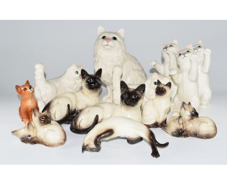 Collection of Beswick / Royal Doulton Persian and Siamese cat figures, tallest 21cm