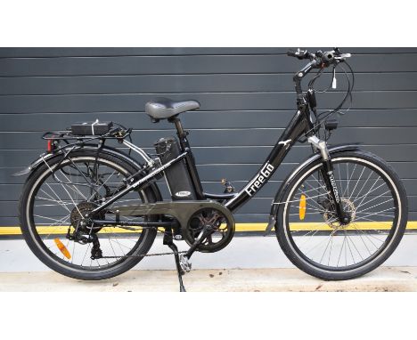 FreeGo Hawk step through electric bicycle with dual control grip throttle, front suspension, disc brakes, centre stand and ch