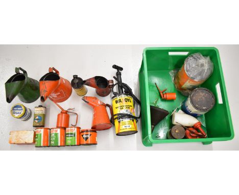 Classic car interest oil and grease cans and jugs, including Rocol, Duckhams, Mobil, Releasall, Castrol, Wesco and Lucas