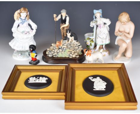 Porcelain and collectable figures including Art Deco German nude, Border Fine Arts Shepherd with Collie by Ayres, Beswick Jac
