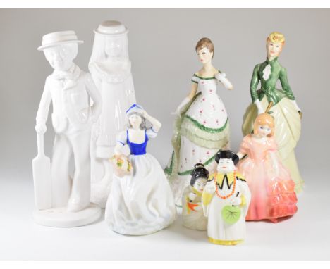 Collection of Royal Worcester, Spode, Royal Doulton and Coalport figures and candle snuffers, tallest 23cm