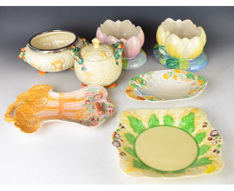 Clarice Cliff for Newport and Wilkinson Pottery Art Deco ceramics including covered biscuit barrel, large bowl with plated mo