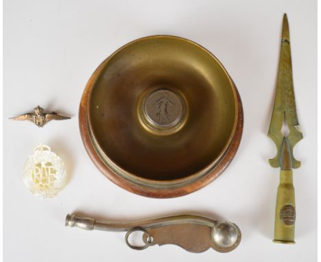 WW1 trench art ashtray / dish fashioned from a shell base dated 1916, letter opener, bosun's whistle and two Royal Air Force 