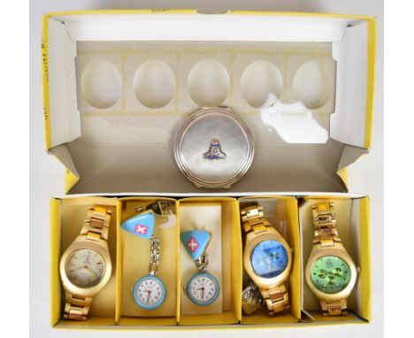 Royal Artillery silver plated and enamel powder compact together with five Swiss Hunter Quality Watch watches in original box