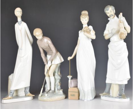 Four Lladro figures comprising lady golfer, lady with parasol and luggage, doctors including one with newborn baby, two boxed