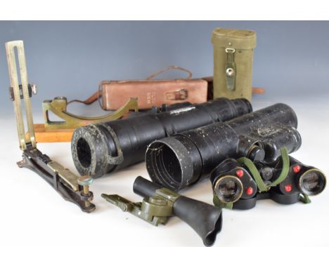 Military sights and binoculars comprising two Weapon Sight II L2A2, FLTD Mk VI in original leather case, mortar clinometer, g