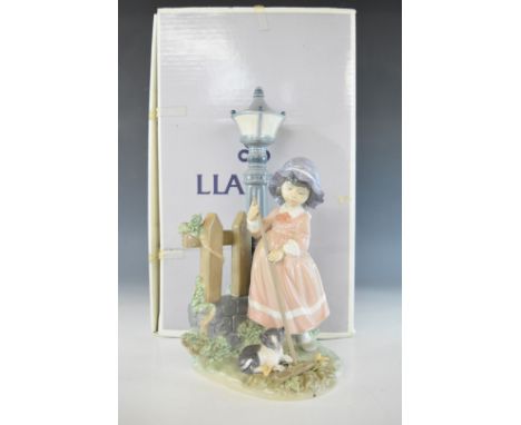 Lladro figure of a girl sweeping leaves 'Fall Clean Up', in box, height 37cm