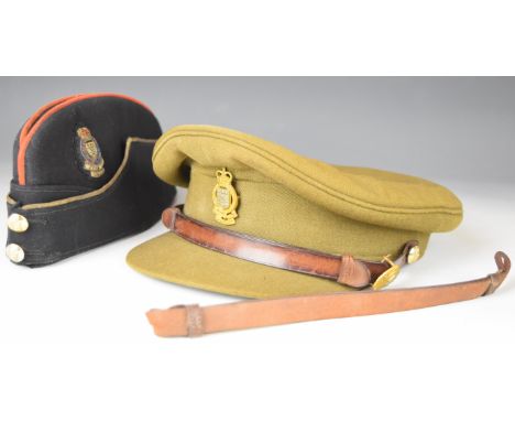 Two Royal Army Ordnance Corps officer's hats comprising side hat with bullion badge and forage cap with gilt badge and anothe