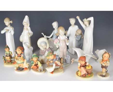 Ten Lladro child and bird figures together with six Goebel Hummel figures, tallest 20cm