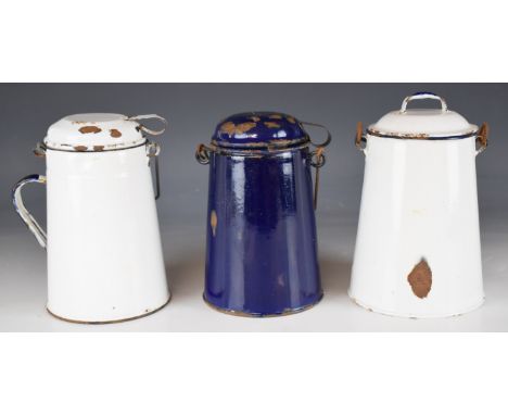 Three enamel railway or similar billy cans