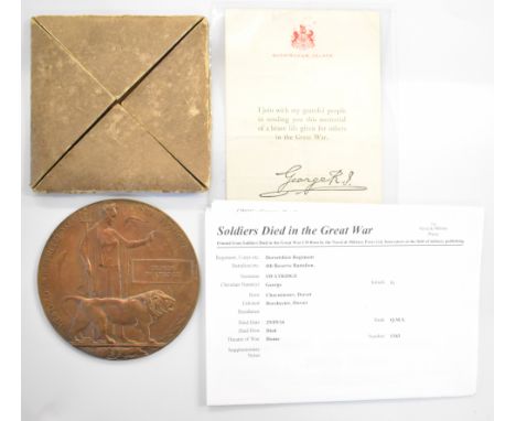WW1 British Army memorial plaque / death penny for George Swatridge, 4th Reserve Battalion Dorsetshire Regiment, with Bucking