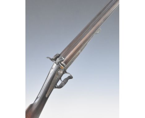 French 12 bore side by side pinfire hammer action shotgun with engraved locks, hammers, scrolling trigger guard, rotary under