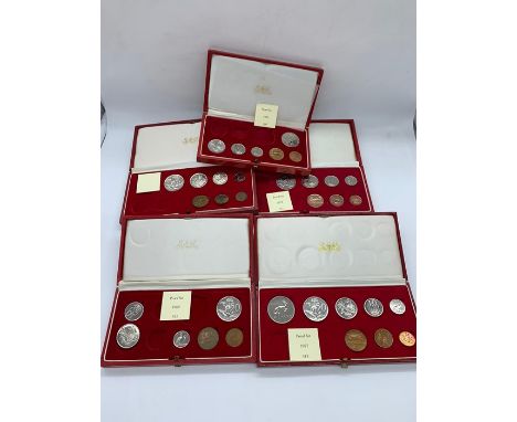 A selection of incomplete South African proof coin sets 1967, 1969, 1972, 1975 and 1977.