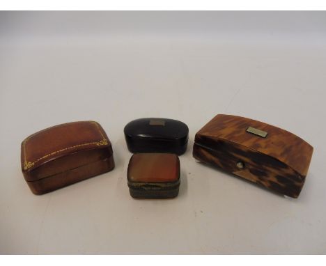 A 19th Century tortoiseshell dome topped snuff box, an agate and brass ring box and three others.