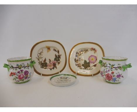 A pair of good quality, late 19th Century Dresden floral handpainted pots with intertwined handles also two Worcester square 