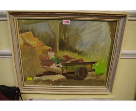 R O Dunlop, a lady on a haycart, signed, further signed and dated 1969 verso, oil on canvasboard, 34 x 44.5cm. 