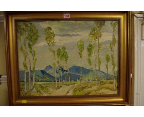 H Wilkinson,&nbsp;Scottish Highland landscape with Poplars, signed, oil on board, 41 x 54cm 