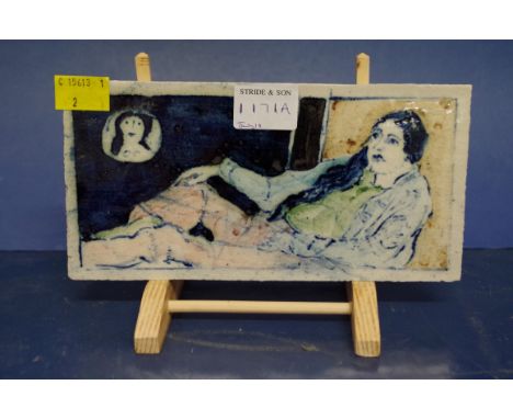 Eric Mellon: a studio pottery tile, signed, further inscribed 'Bean Ash, Davena', 10 x 20cm.