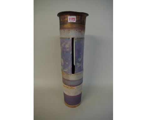 Robin Welch: a large studio pottery stoneware cylinder vase, with two vertical cuts to the sides, impressed initials, 48.5cm 