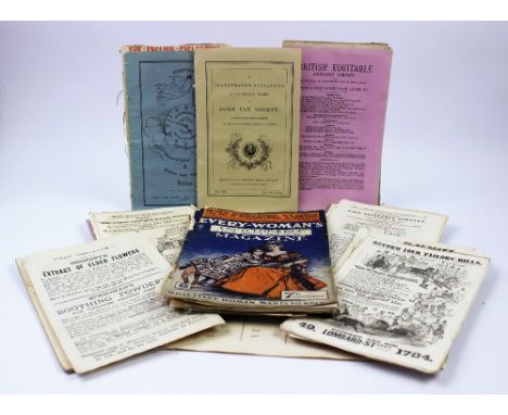 A collection of 18th century an later pamphlets and fragment pages, to include a pamphlet for humorous engravings published b