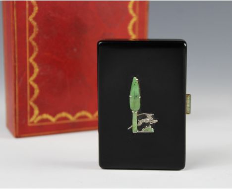 Property of a LadyCartier Paris, A French Cartier Art Deco enamel, jade and diamond set compact, circa 1925, the rectangular 