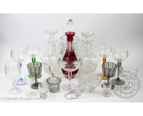 A collection of Victorian and later glass ware, to include a set of four Victorian coloured glass hock glasses, a pair of Can