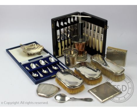 An assorted collection of silver and plate to include; a silver cigarette case, Birmingham 1942, a silver cigarette packet sl