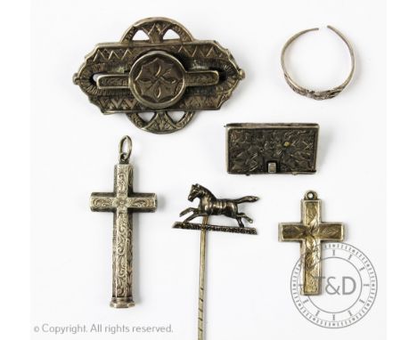 A Sampson Mordan & Co propelling pencil pendant in the form of a cross, engraved foliate scrolls, 4.5cm long, along with furt