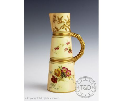 A Royal Worcester blush ivory tusk jug, shape number 1047, date code for 1896, enamelled with flowers with gilt prunus and ha