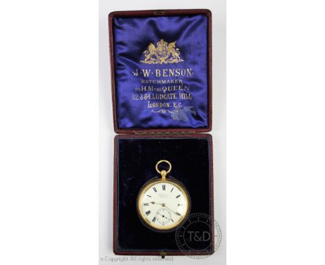 A Victorian 18ct gold J W Benson open face 'The Ludgate' pocket watch, London 1897, the circular dial with black Roman numera