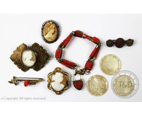 A collection of jewellery, to include; a Victorian carved coral set bracelet with an attached padlock clasp with locket back,