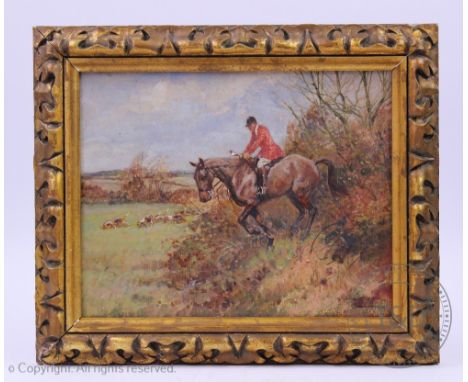 English school - early 20th century, Oil on board, Hunting scene - Hunt Master and hounds, Indistinctly signed lower right, 1