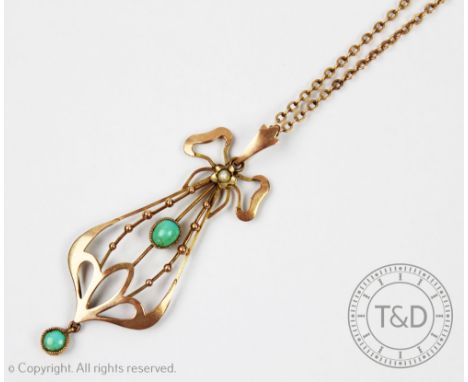 An Edwardian Art Nouveau pendant, set with a turquoise cabochon below a split seed pearl set to a '9ct' gold bow frame, with 