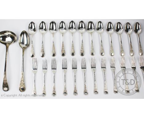 A part suite of silver plated flatware, in an elaborate Old English pattern with harebell circle and acanthus scrolls, compri