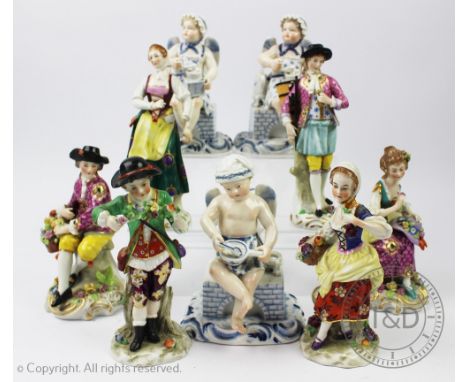 A pair Meissen porcelain figures, designed as a cherub grinding coffee, numbered 117, impressed 143, 14.5cm high, and another