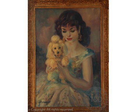 John Strevens - 20th century, Oil on canvas, Portrait of Eleanor Hilda Mary Wagg and her dog 'Shushu', Signed, 75cm x 49.5cm,