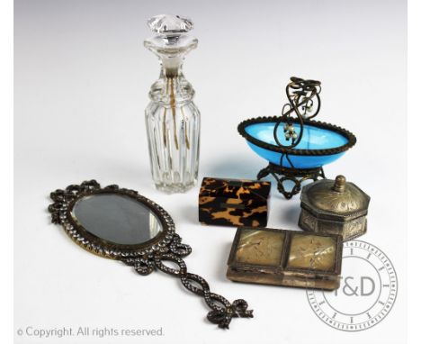 A 19th century tortoiseshell and bone miniature box, 5cm long, with a Victorian gilt metal mounted blue glass basket, 8cm hig