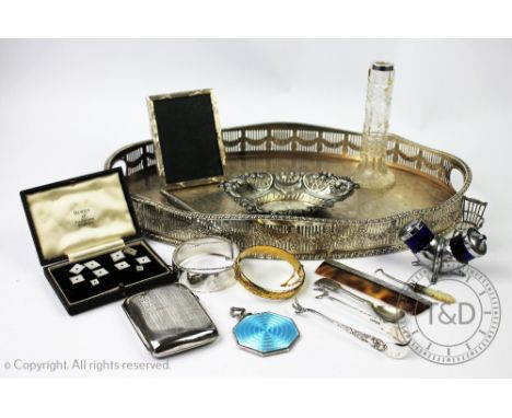 A collection of silver and plated wares, to include; a silver miniature chair, a silver blue enamelled mirror, a silver hinge