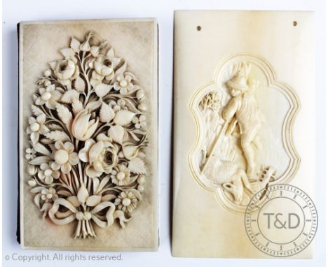 A 19th century Dieppe ivory trompe l'oeil aide memoire, the cover profusely carved with a floral bouquet, 9.5cm high and a ca